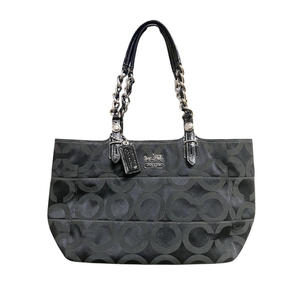 Coach Madison Op Art Signature Tote Shoulder Bag Black/Gray Large Chain